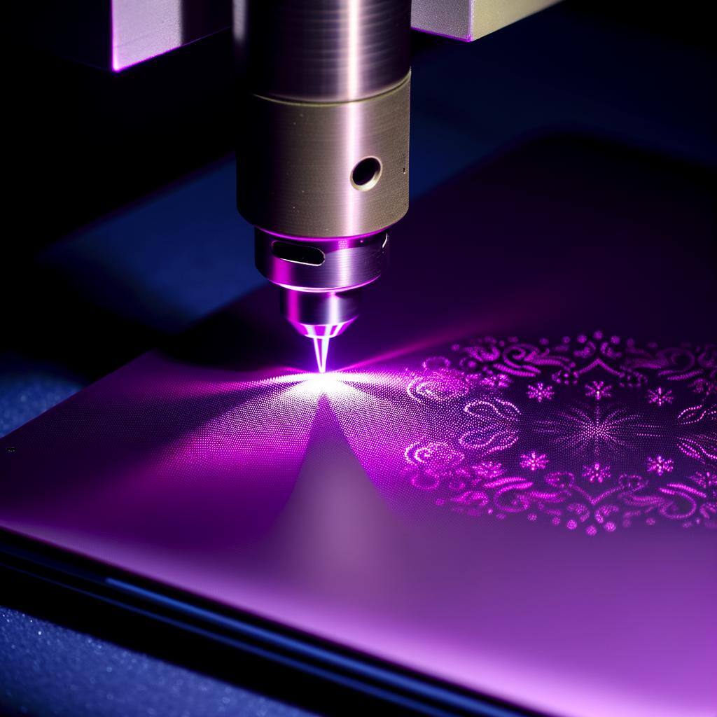 clipart of laser etching a laptop cover in purple
