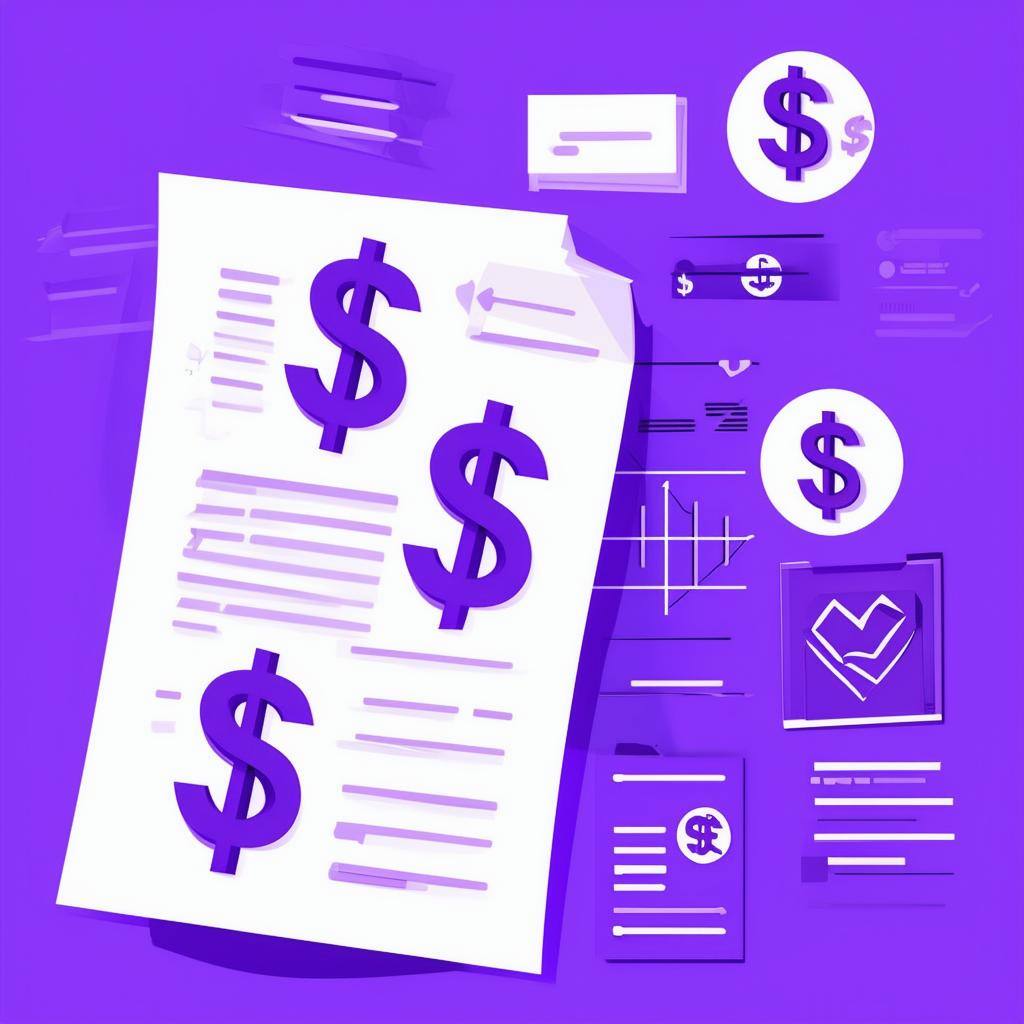 paper with dollar signs and line items in purple